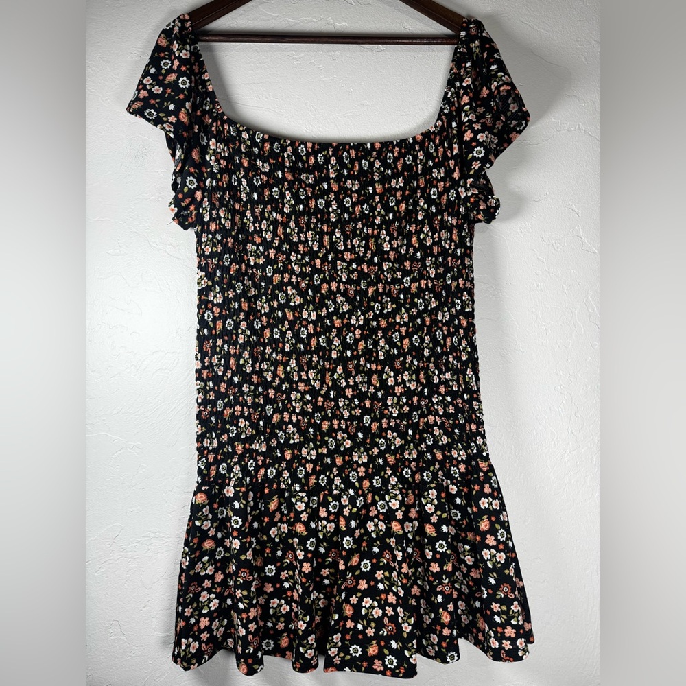 🖤Love +‎ Joy Black Floral Smocked Off-the-Shoulder Ruffle Mini Dress Size XL